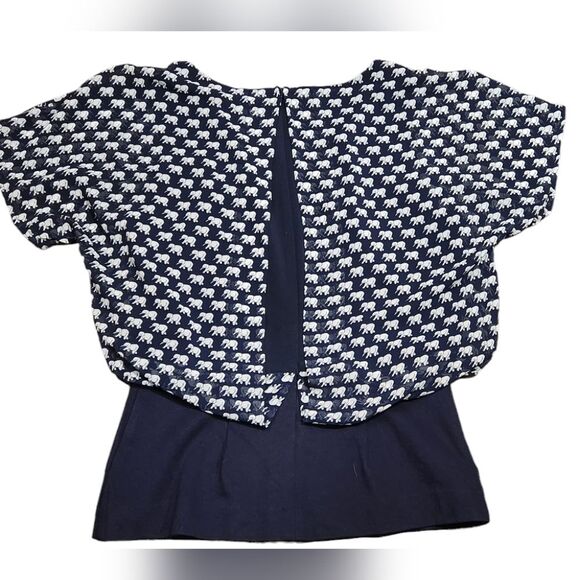 Cabi 5345 Blouse Elephant Parade  Print Navy Blue White Short Sleeve Sheer S - Picture 12 of 12